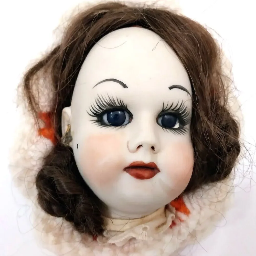 Vintage  Porcelain Doll Head Wall Hanging With Orange Crochet #A007